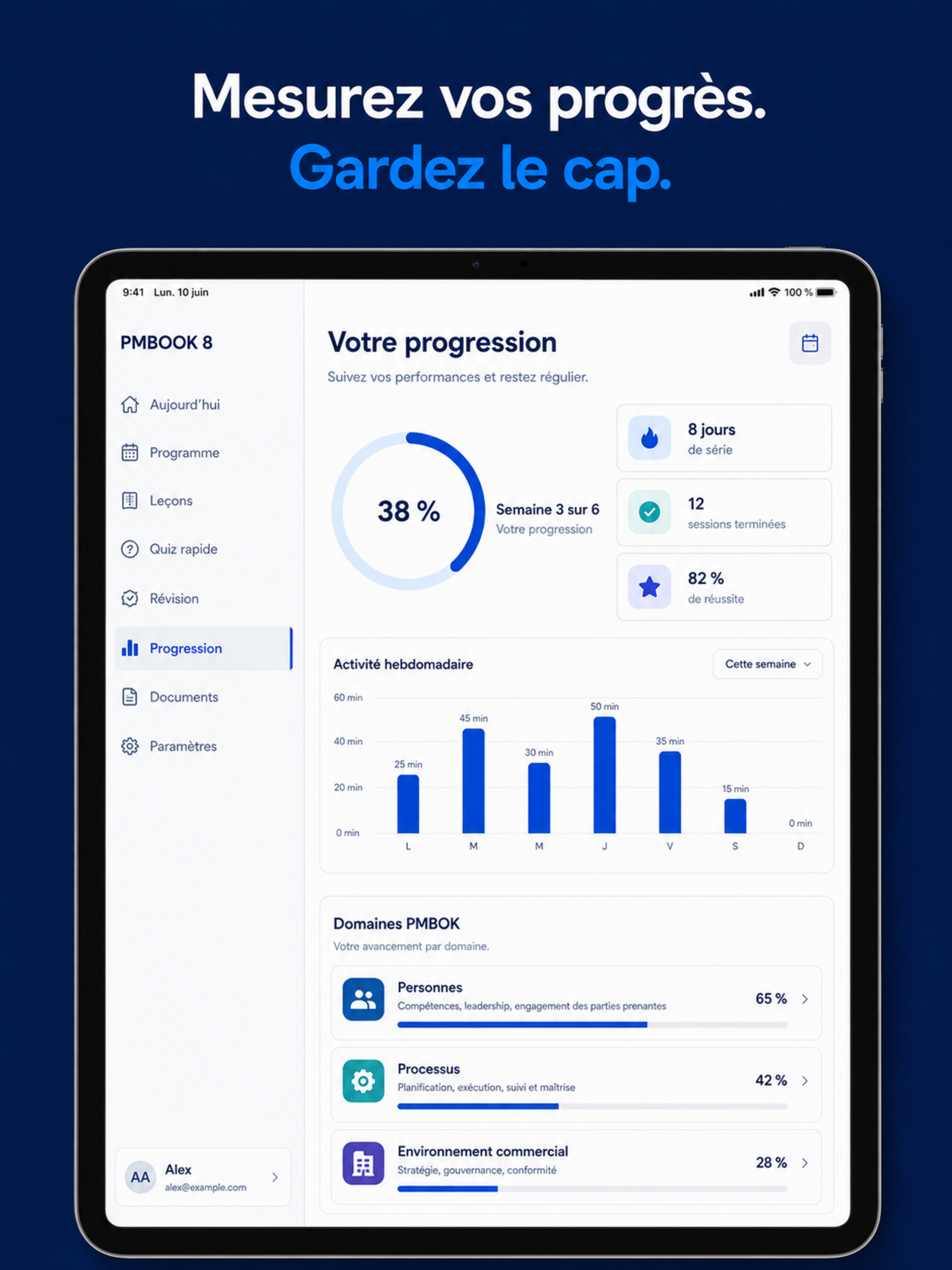Statistiques de progression PMBOOK 8 sur iPad